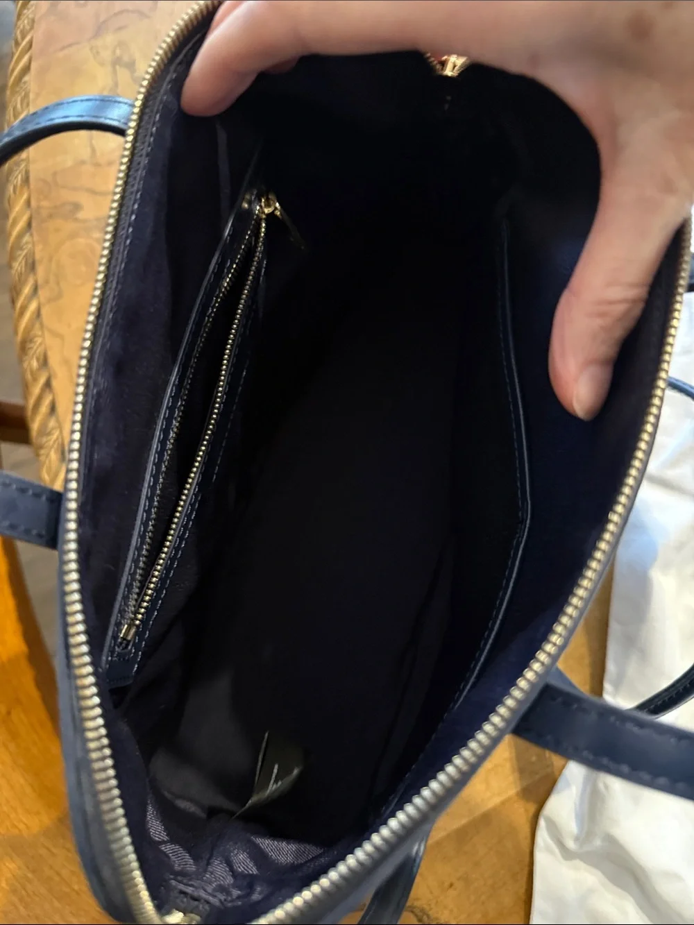 Lacoste Navy Textured Leather Messenger Bag with Gold Logo